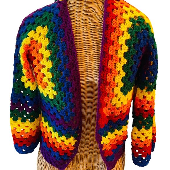Crochet Cardigan Sweater Hooded Rainbow Colors Handmade Hexi Granny Square S - M